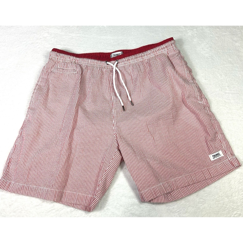 Trunks Surf & Swim‎ Co. Mens Swim Shorts Size XL Red Striped Lined Pocket